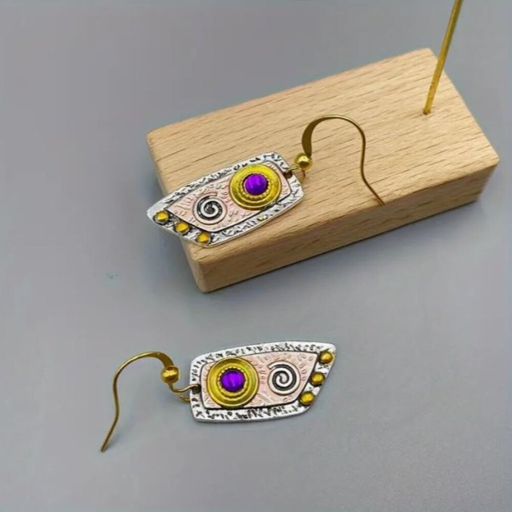 NEW Artisan Mixed Media Silver/Gold Purple Cabochon Boho Drop Earrings - Picture 2 of 3